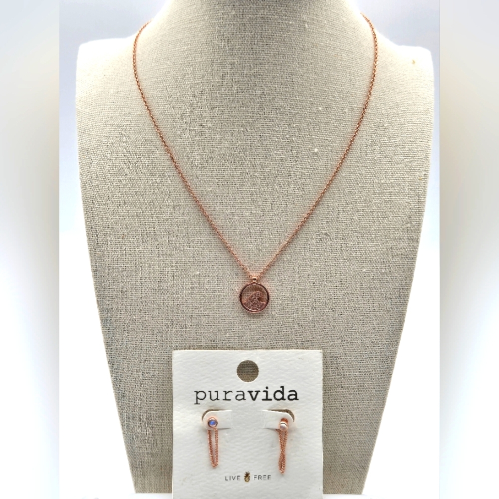 PURAVIDA NWT Earrings & Necklace Rose Gold Faux Stones
